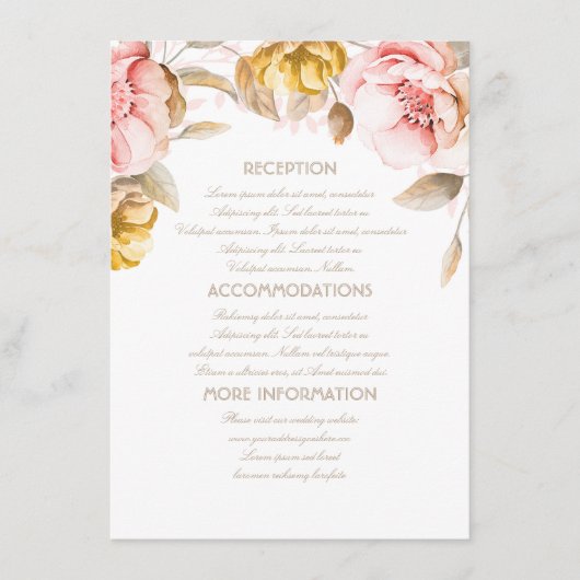 Carte D'accompagnement Informations sur le Mariage Floral Gold et Blush I (Devant)