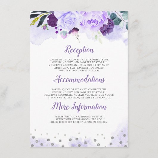 Carte D'accompagnement Informations sur le Mariage floral pourpre Invité (Devant)