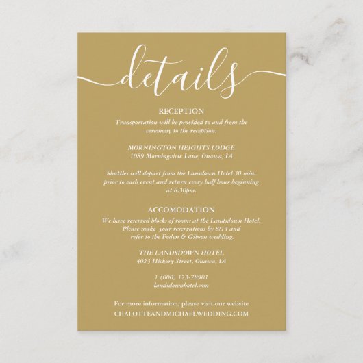 Carte D'accompagnement Informations sur le Mariage Gold Script (Devant)