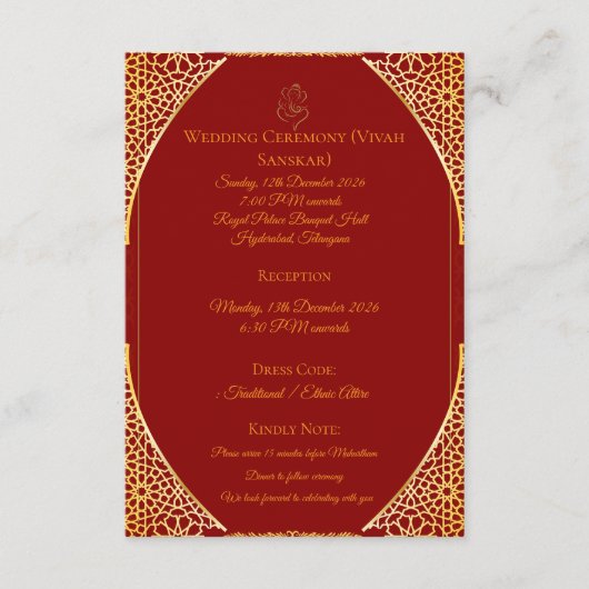 Carte D'accompagnement | Informations sur le mariage royal indien Insert (Devant)