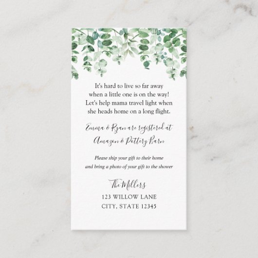 Carte D'accompagnement Infos de baby shower longue distance Eucalyptus (Devant)