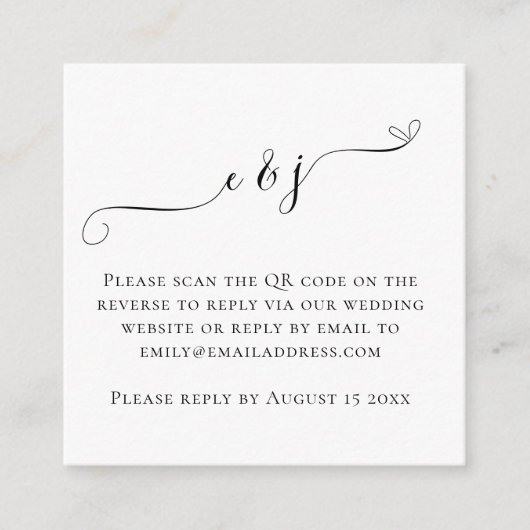 Carte D'accompagnement Initiales Script QR Code Mariage noir blanc RSVP E (Devant)