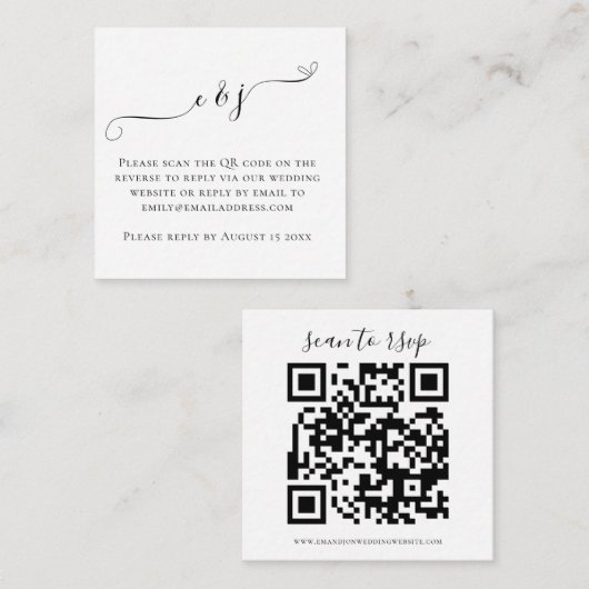 Carte D'accompagnement Initiales Script QR Code Mariage noir blanc RSVP E (Devant / Derrière)