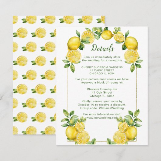 Carte D'accompagnement Italien Lemon Greenery Détails du Mariage (Devant / Derrière)