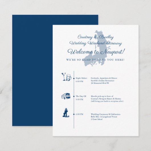 Carte D'accompagnement Itinéraire de jour de mariage à Newport RI (Devant / Derrière)