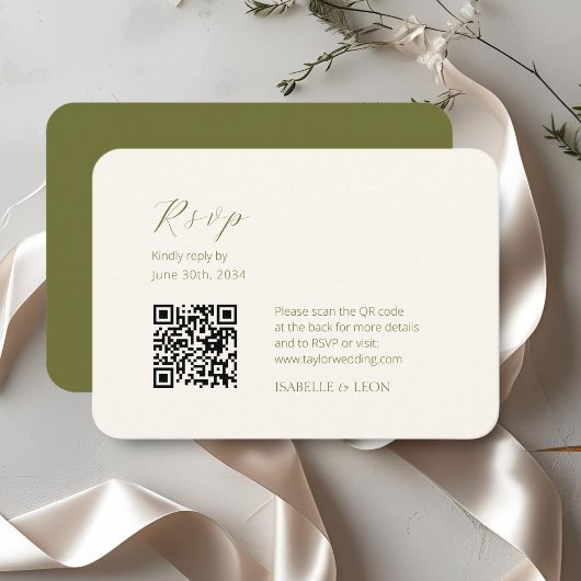 Carte D'accompagnement ivoire et olive | Mariage de code QR simple Chic