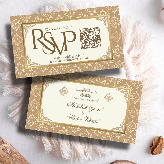Carte D'accompagnement Ivory Gold Damask QR Code RSVP Mariage islamique W