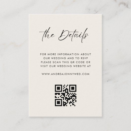 Carte D'accompagnement Ivory Modern Script QR Code Simple Détails Mariage (Devant)