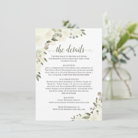 Carte D'accompagnement Ivory White Roses Rustic Boho Chic Mariage Détails (Debout devant)