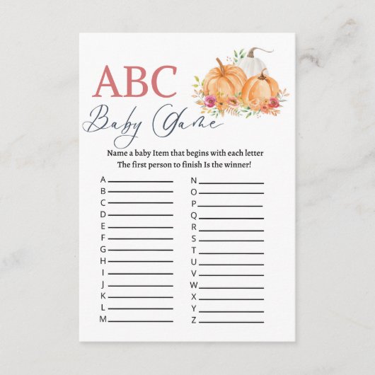 Carte D'accompagnement Jeu de baby shower Pumkin ABC  (Devant)