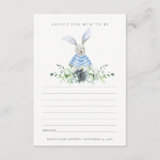 Carte D'accompagnement Joli Bleu Lapin Foliage Conseiller pour le Baby sh (Devant)