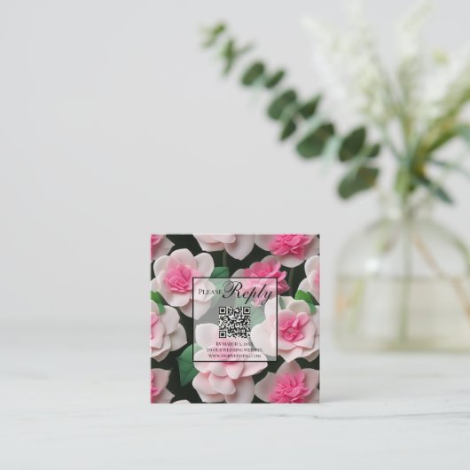 Carte D'accompagnement Joli boho rose floral vert code QR (Debout devant)