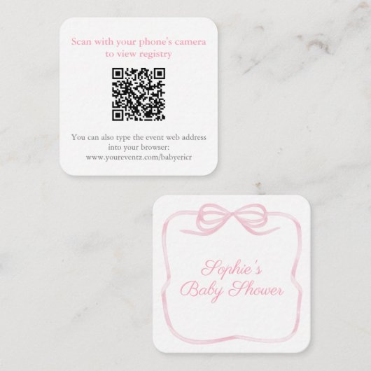 Carte D'accompagnement Joli code QR RSVP pour douche avec nœud rose (Devant / Derrière)