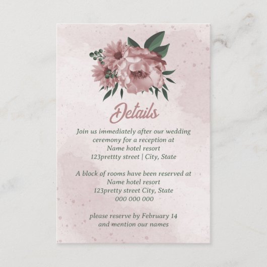 Carte D'accompagnement joli mariage botanique de fleurs roses (Devant)