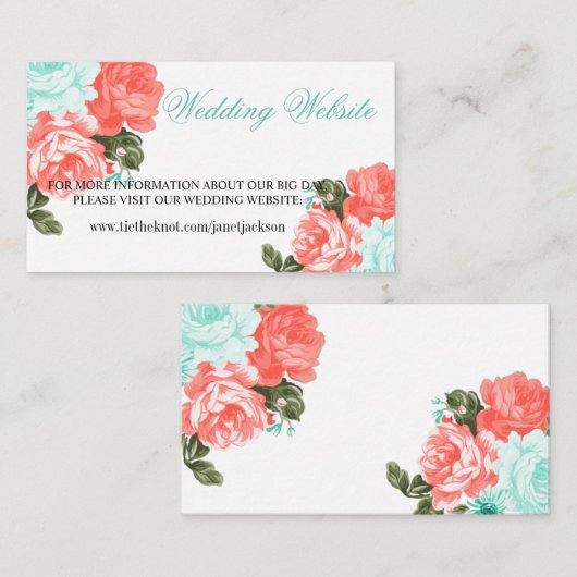Carte D'accompagnement Joli Turquoise, Coral Mariage Flower- Mariage site (Devant / Derrière)