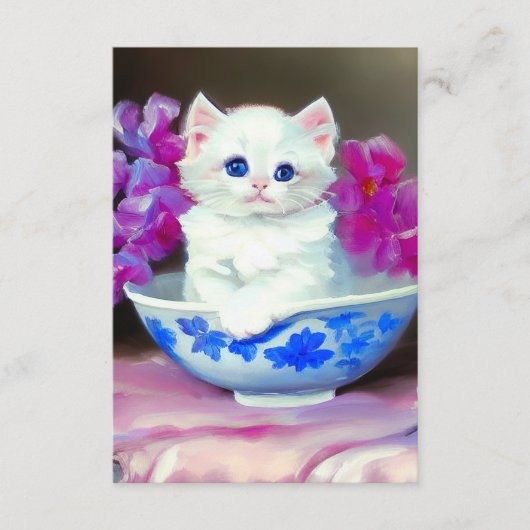 Carte D'accompagnement Kitten blanc vintage aux fleurs roses (Devant)