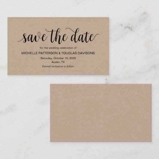 Carte D'accompagnement Kraft rustique, script noir, mariage Sauvez la dat (Devant / Derrière)