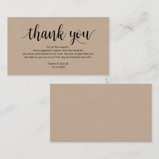 Carte D'accompagnement Kraft rustique, Script noir, Merci Mariage (Devant / Derrière)