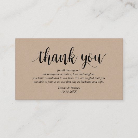 Carte D'accompagnement Kraft rustique, Script noir, Merci Mariage (Devant)