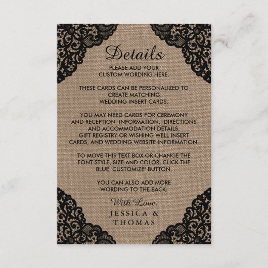 Carte D'accompagnement La dentelle noire sur la collection de Mariages de (Devant)