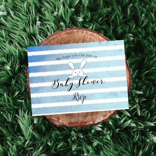 Carte D'accompagnement Lapin blanc Bébé Fête Naissance RSVP rayure bleue