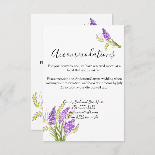 Carte D'accompagnement Lavande d'aquarelle et fleurs vertes (Devant / Derrière)