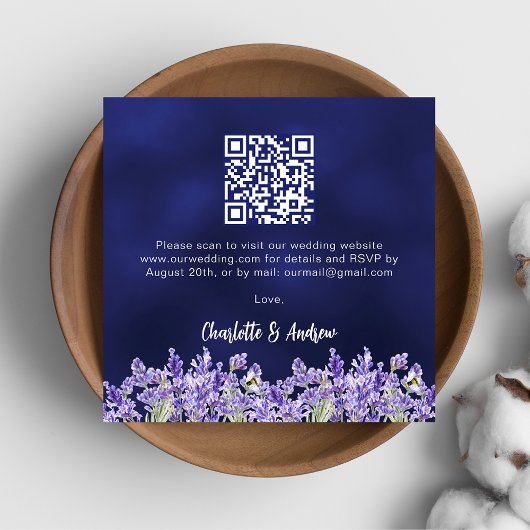 Carte D'accompagnement Lavande florales marine bleu QR code mariage RSVP