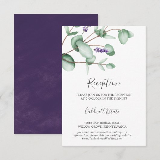 Carte D'accompagnement Lavande Rustique & Eucalyptus Réception Insertion (Devant / Derrière)