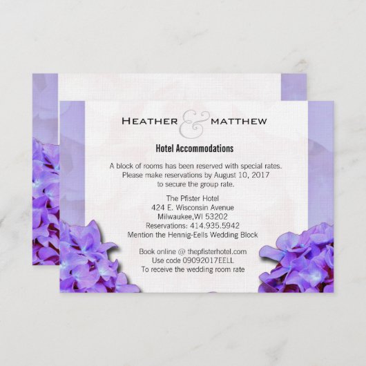 Carte D'accompagnement Lavander Hydrangeas Réservations De Chambre (Devant / Derrière)