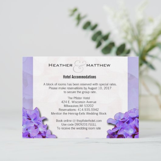 Carte D'accompagnement Lavander Hydrangeas Réservations De Chambre (Debout devant)