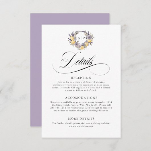 Carte D'accompagnement Lavender Lemon Monogram Floral Crest Détails (Devant / Derrière)