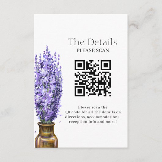 Carte D'accompagnement Lavender Moderne Floral Mariage QR Détails du code (Devant)