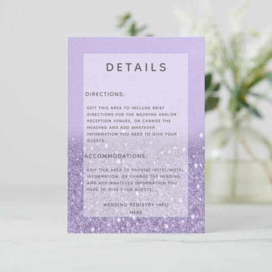 Carte D'accompagnement Lavender Parties scintillant Modern Mariage Détail (Debout devant)