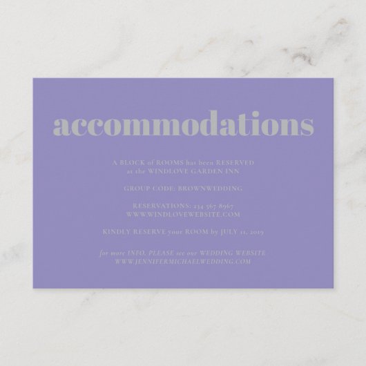 Carte D'accompagnement Lavender Silver Minimalist Wedding Accommodations (Devant)