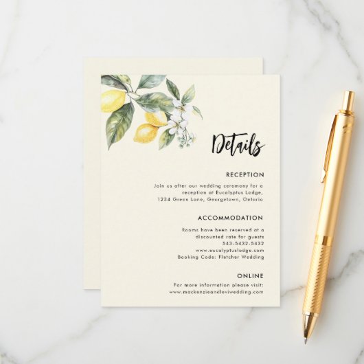 Carte D'accompagnement Lemon Garden Wedding Détails Fiche simple de clôtu (Devant/Arrière en situation)