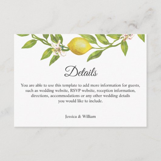 Carte D'accompagnement Lemons Blossom Mariage Détails de la réception (Devant)
