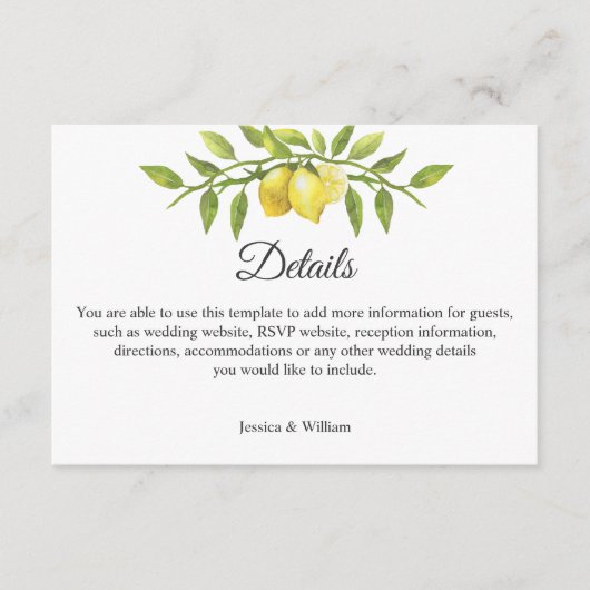 Carte D'accompagnement Lemons Blossom Mariage Détails de la réception (Devant)