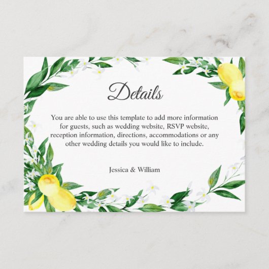 Carte D'accompagnement Lemons Blossom Mariage Détails de la réception (Devant)