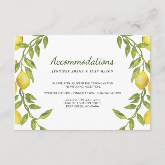 Carte D'accompagnement Lemons Blossom Verdure Mariage Logements (Devant)
