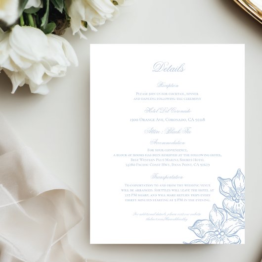 Carte D'accompagnement Light Blue Outline Floral Wedding Details Card