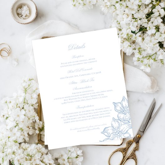 Carte D'accompagnement Light Blue Outline Floral Wedding Details Card