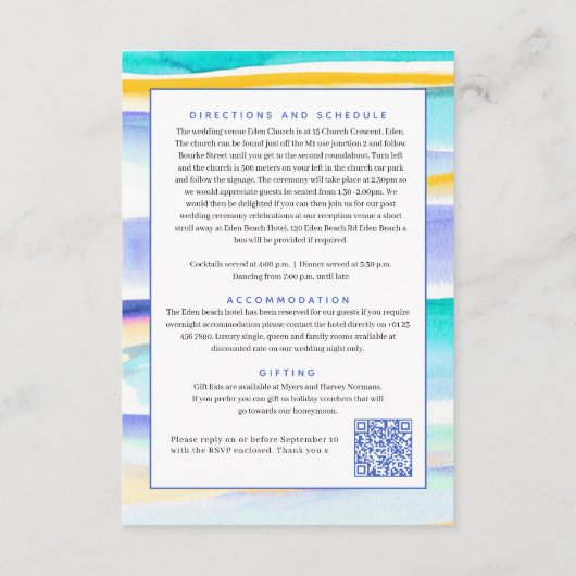 Carte D'accompagnement Ligne de marée Abstraite code QR mariage jaune ble (Dos)