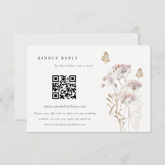 Carte D'accompagnement Lilac Fleur sauvage Fern Foliage Mariage QR Code R (Devant / Derrière)