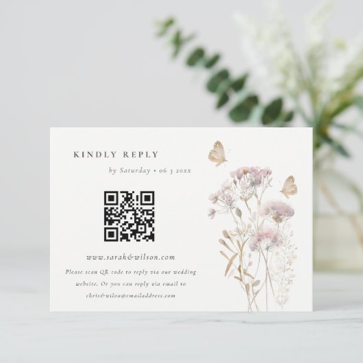 Carte D'accompagnement Lilac Fleur sauvage Fern Foliage Mariage QR Code R (Debout devant)