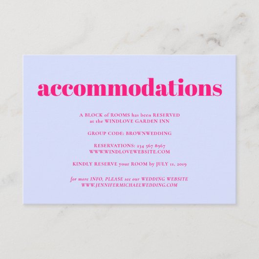 Carte D'accompagnement Lilac Pink Minimalist Wedding Accommodations (Devant)