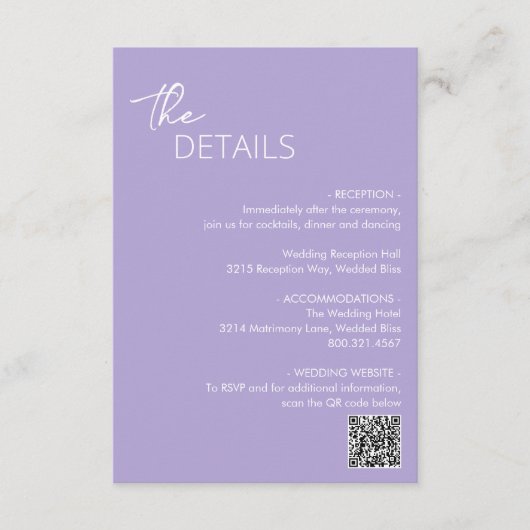 Carte D'accompagnement Lilac QR Code minimum Mariage moderne (Devant)