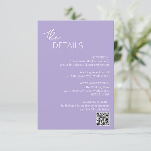 Carte D'accompagnement Lilac QR Code minimum Mariage moderne (Debout devant)