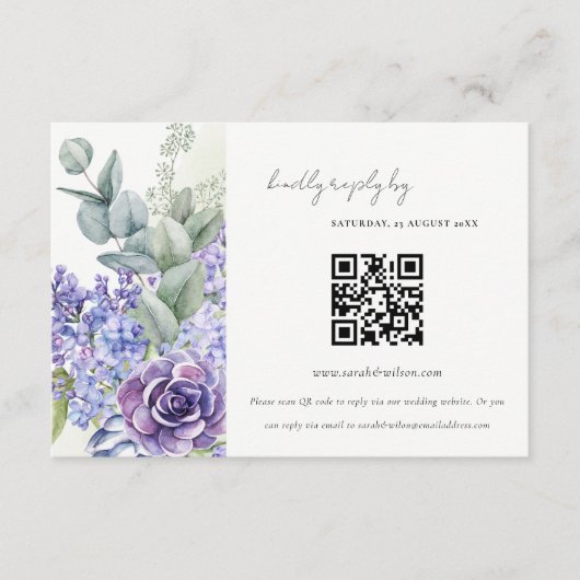 Carte D'accompagnement Lilac Succulent Mariage de la faune feuillu QR Cod (Devant)