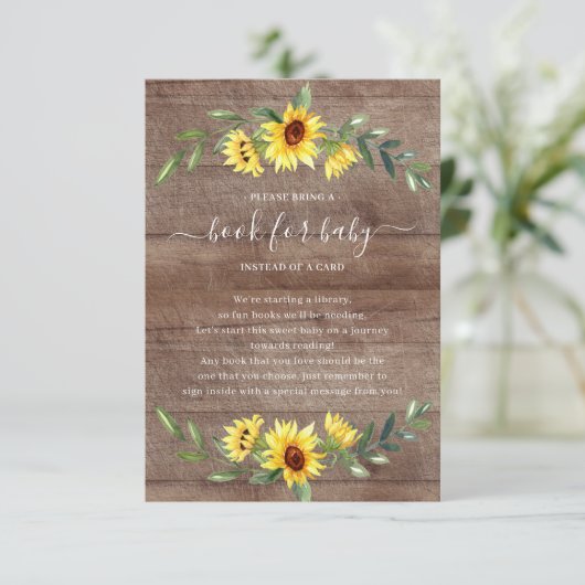 Carte D'accompagnement Livre de Baby shower de tournesol rustique pour bé (Debout devant)