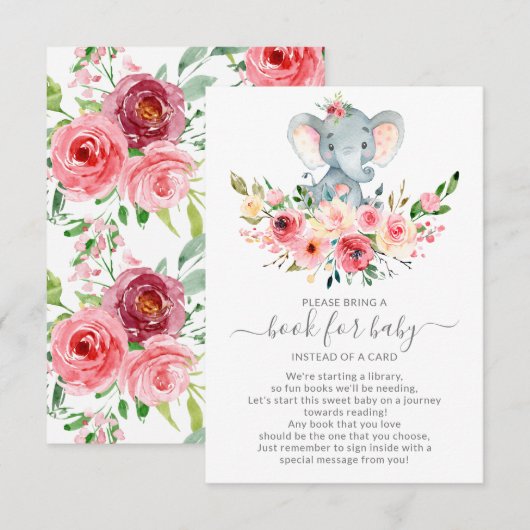 Carte D'accompagnement Livre de Baby shower Floral Elephant pour bébé (Devant / Derrière)
